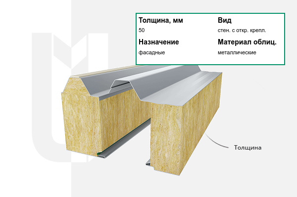 Сэндвич-панель стеновая с открытым креплением ТСП-Z 50х1000х14000 мм ГОСТ 32603-2012 с волнистой внутренней и наружной облицовкой с накаткой